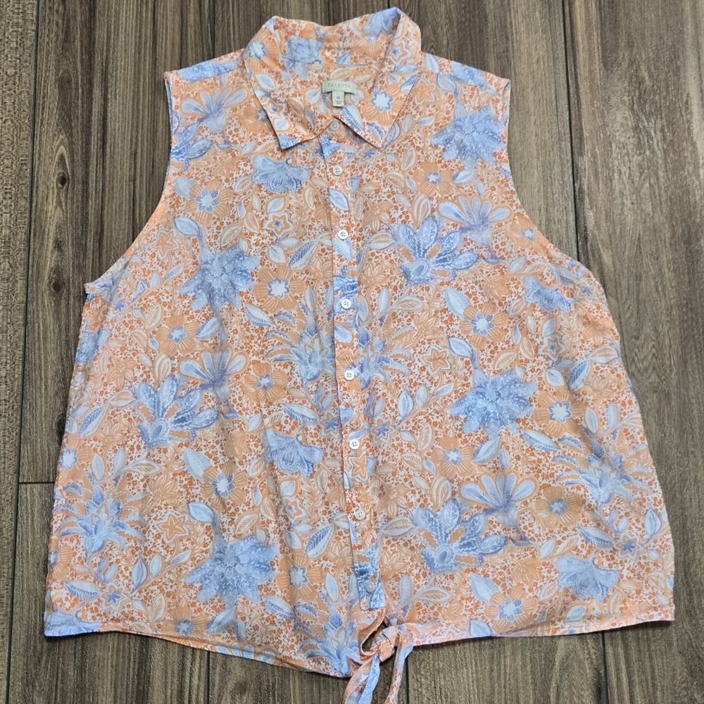 Talbots Womens XL Orange Blue Floral Cotton Tie Front Sleeveless Button Up Top